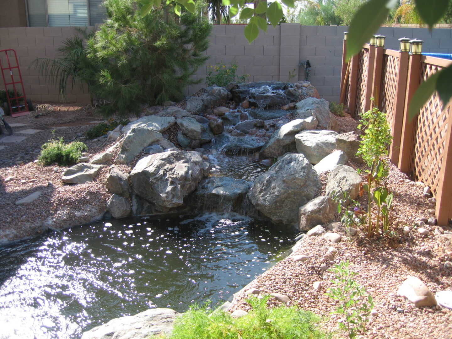 Garden pond with cascading waterfall